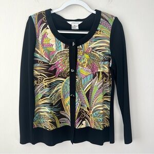 Misook Floral Pattern Colorful Knit Cardigan Sweater Black